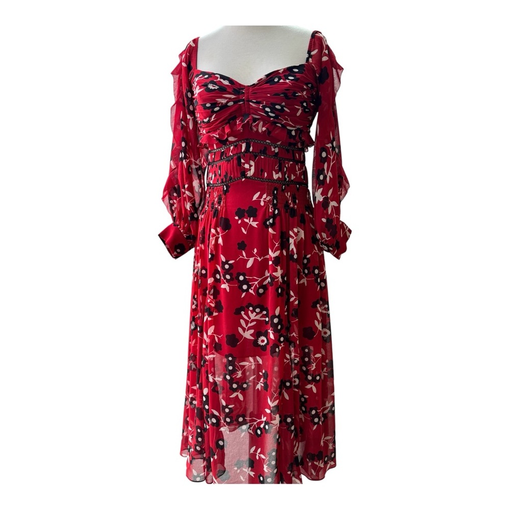 Self-Portrait Romantic Floral Off-Shoulder Red Ruffle Tiered Midi Dress Size 4 - Picture 13 of 13